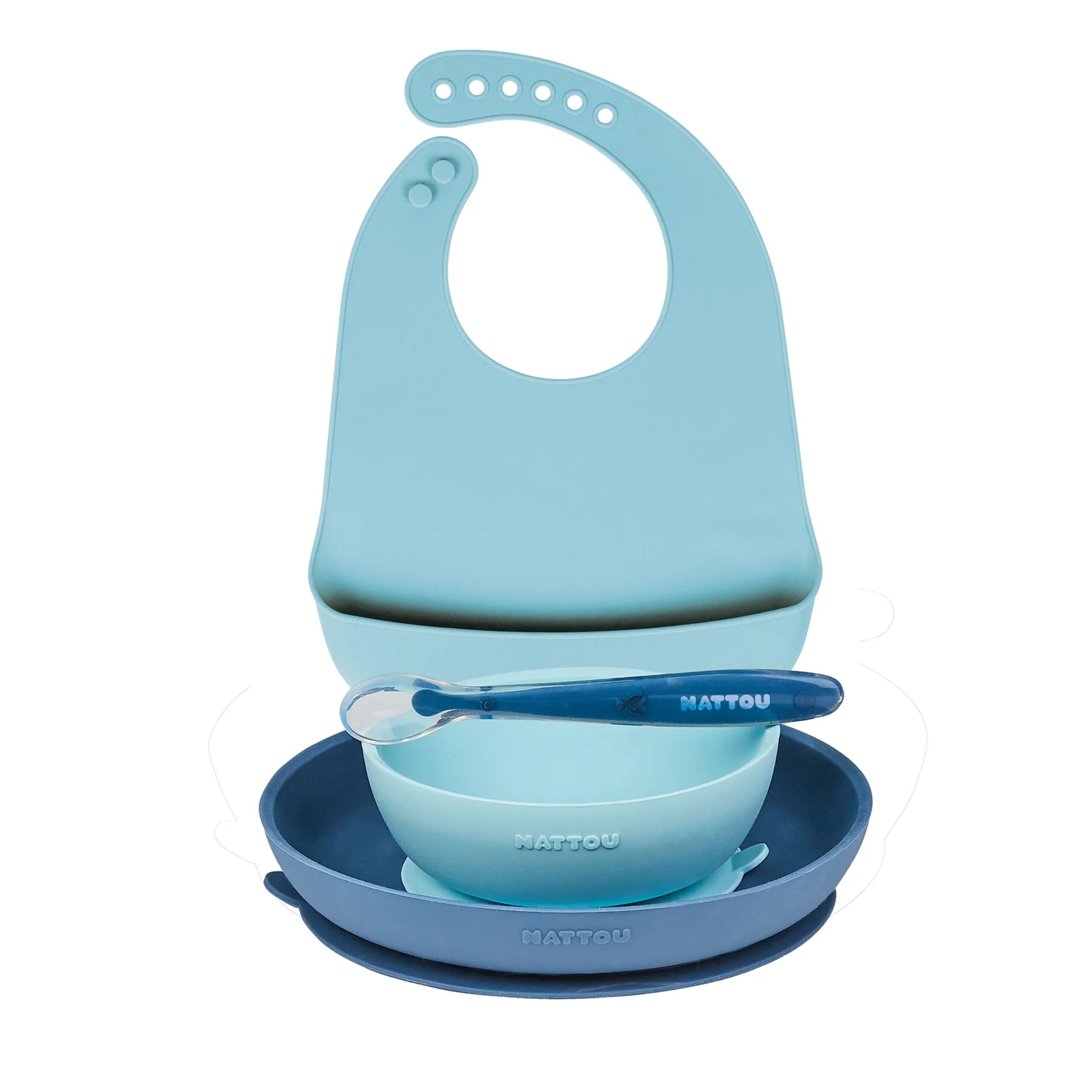 Set-di-4-Stoviglie-con-Bavaglino-in-Silicone-scaled Nattou Set Pappa con Bavaglino in Silicone Azzurro - immagine 1